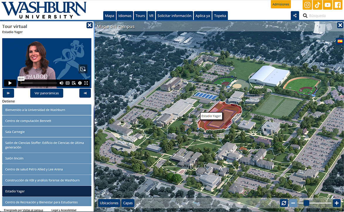 Washburn University virtual tour screenshot showing Spanish-language video tour guide and campus map with Yager Stadium highlighted.